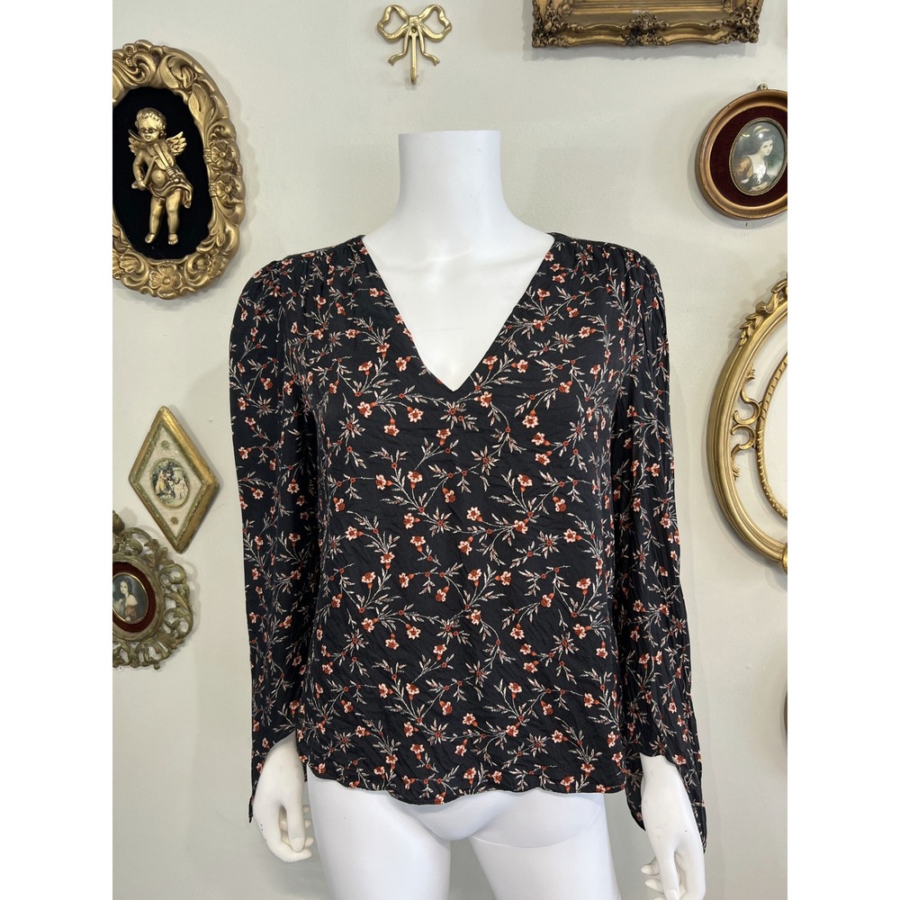 Rebecca Taylor Black Floral Long-Sleeve V-Neck Top Size 10